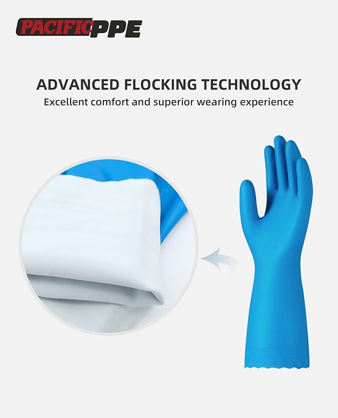 PACIFIC PPE 2 Pairs Reusable Dishwashing Cleaning Gloves with Latex Free, Cotton Lining, Kitchen Gloves, Blue, Medium