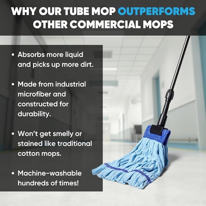 Commercial Mop Head Replacement – 1 Pack Medium Green Microfiber Tube Mop (14 oz.) | Industrial Wet Mops | Refill Heads, Machine Washable, Heavy Duty | Hardwood, Tile, Laminate, Vinyl Floors