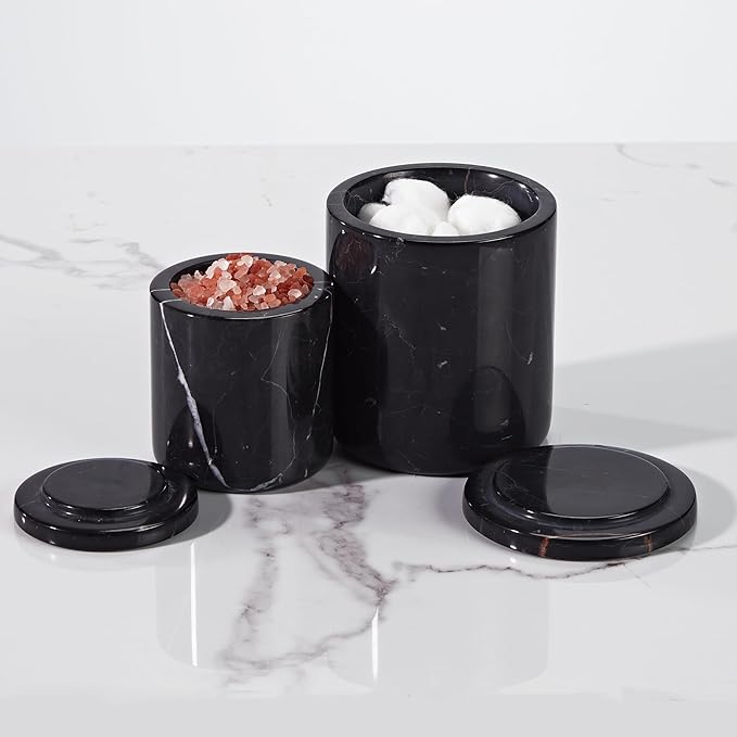 Black Marble Canister with Lid, Natural Marble Bathroom Qtip Holder Storage, 3.75 Inch Dia x 4.5 Inch Ht High Capacity Damp Proof Container for Cotton Swabs, Jewery, Bathroom Bath Salt