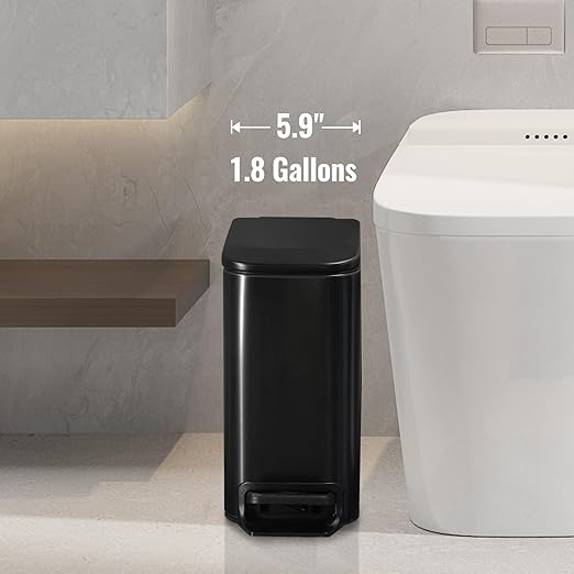 Slim Bathroom Trash Can with Lid Stainless Steel Garbage Can with Removable Inner Bucket Small Wastebasket with Step Pedal for Toilet Office Bedroom (Matte Black, 1.8 Gallons)