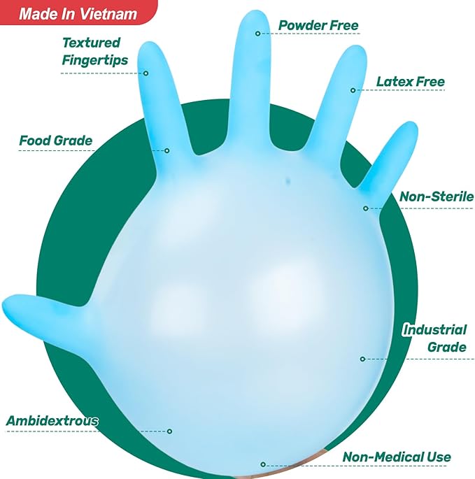 Kebada Nitrile Gloves D1, Nitrile Disposable Gloves for Cleaning, Food Prep, Industrial Grade, Non-Sterile, Food Safe, Powder & Latex Free, Touchscreen, Blue, 1000 CT, Medium (Made in Vietnam)