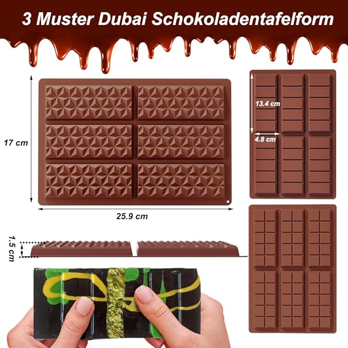 3 Pack Chocolate Mold Silicone, 6 Cavity Silicone Deep Chocolate Bars Molds, Non-stick Dubai Chocolate Mold for Dubai Bar Pistachio, Chocolate Snacks, Milk Bar