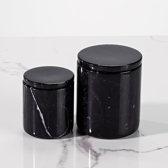 Black Natural Marble Storage Jar with Lid, 3 Inch Dia 3.5 Inch Ht Elegant Stone Canister, Damp-Proof Cosmetic Container for Cotton Swabs, Jewery, Bathroom Bath Salt, Kitchen Jar for Sugar, Coffee