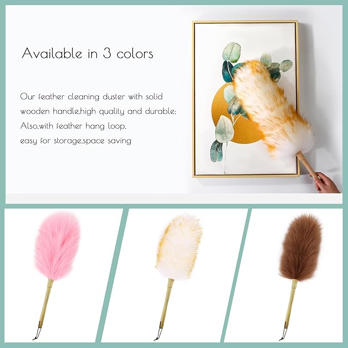 Lambs Wool Duster for Cleaning Window Blinds Computer Furniture TV Computer Screens Bookshelves Solid Wooden Handle Natural Feather Duster,26'', Pink