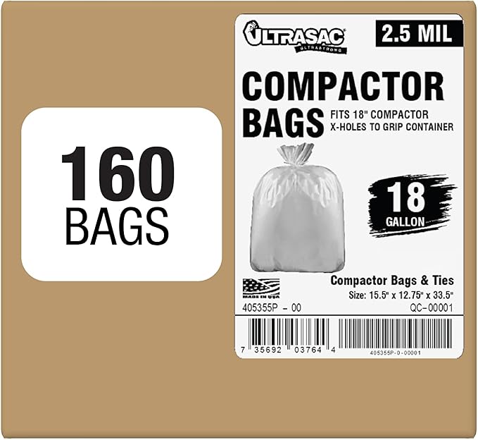 Ultrasac 18 Gallon Compactor Bags (160 Pack with Ties) For 18 Inch Compactors - 28.25" x 33.5" Heavy Duty 2.5 MIL Garbage Disposal Bags Compatible with Whirlpool