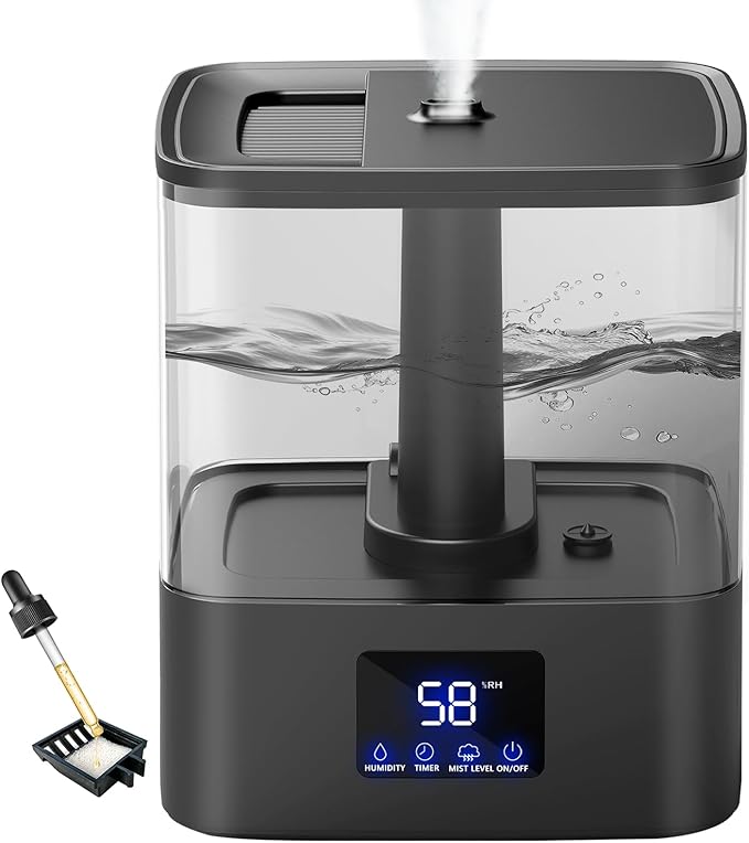 KZF 4L Top Fill Humidifiers for Bedroom & 60H Runtime - Cool Mist Humidifier, 3 Mist Levels, 8H Timer, Essential Oil Tray, Humidity Display, Quiet for Bedroom, Baby, Plants, Large Room