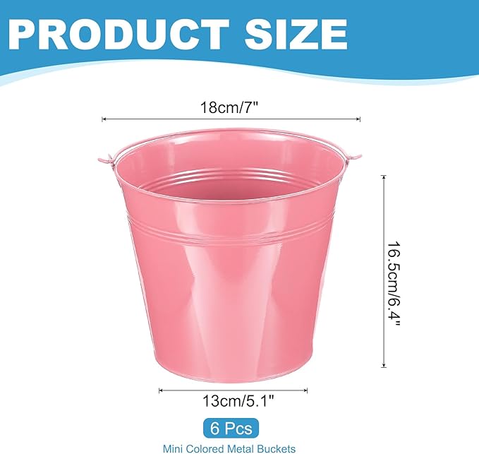 PATIKIL 7"x7" Small Metal Buckets with Handle, 6 Pcs Mini Galvanized Bucket Colorful Easter Buckets for Crafts Party Favors Decoration, Pink