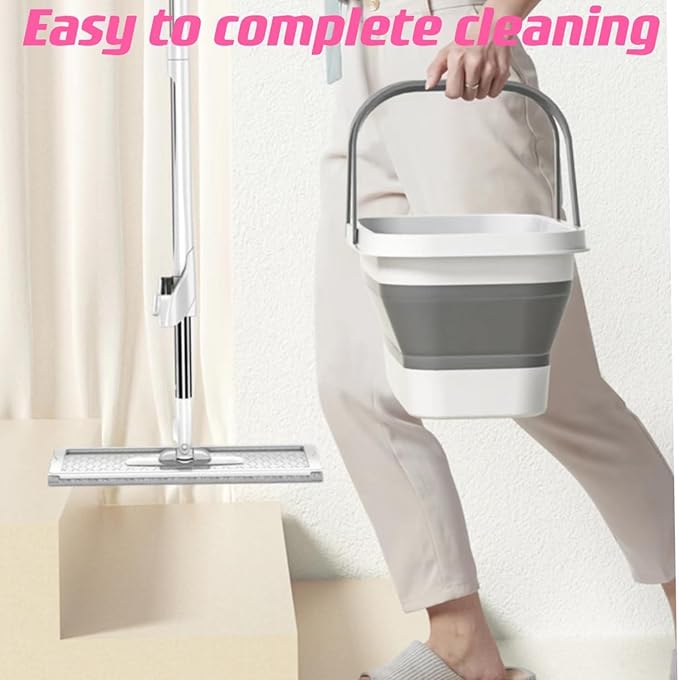 Mop and Bucket Set with Wringer, Flat Mops for Floor Cleaning, Wall Mop Cleaner with Long Handle, Hardwood Floor Mop with 6 Microfiber Pads (1 Mop + 6 Microfiber Pads + 1 Bucket)