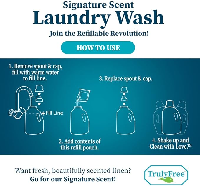 Truly Free Natural Laundry Detergent for Sensitive Skin | Eco Friendly, Plant Based, Baby Clothes Safe | Clean & Easy Powder to Liquid, 4 Pack Refill Detergent, NO Jug | Signature Scent, 200 Loads