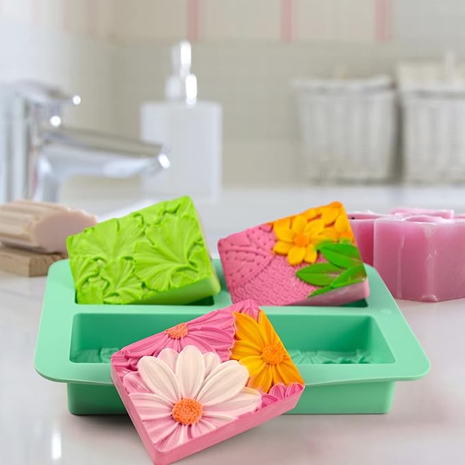 HUAKENER 2 Pack Silicone Soap Molds, Rectangle Soap Making Mold, 3D Rectangular Flower Pattern Silicone Molds for Handmade Soap, Bath Bombs, Candle, Chocolate