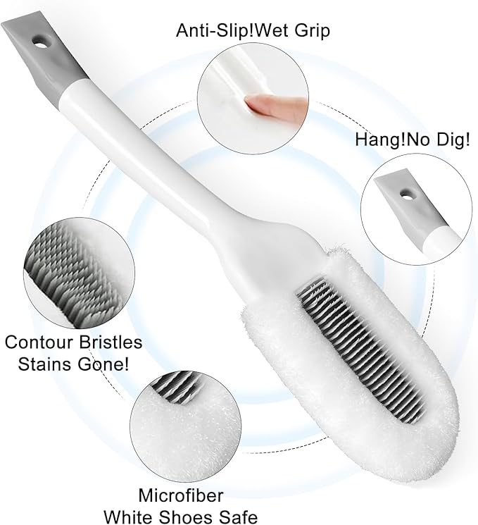 Soft Bristle Shoe Brush for Sneakers & Boots - Long Handle Ergonomic Scrubber with Hanging Hook, Gentle Cleaner for Leather, White Soles and Mesh Shoes