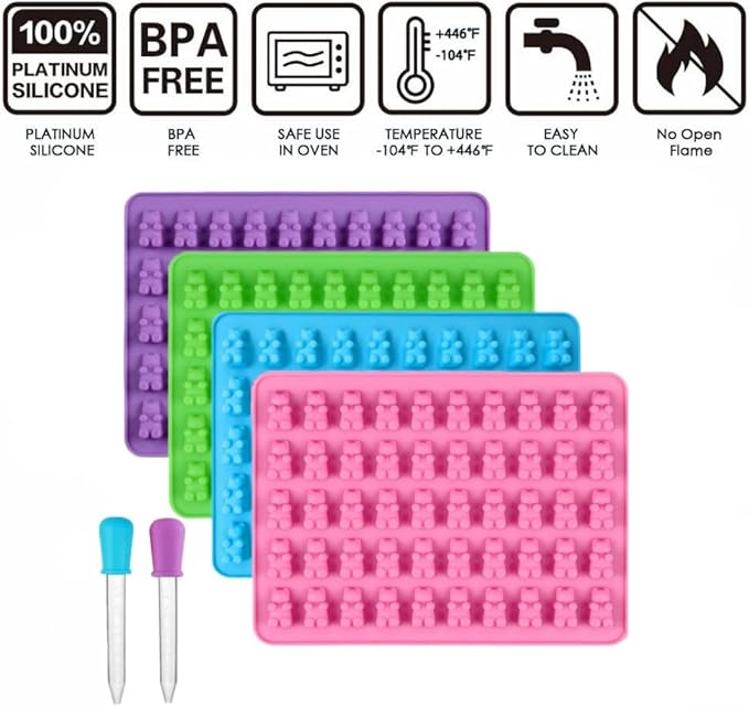 2 Piece Gummy Bear Silicone Molds, Non-Stick Chocolate Candy Mold with 2 Droppers Food Grade (Purple+Blue+Pink+Green)