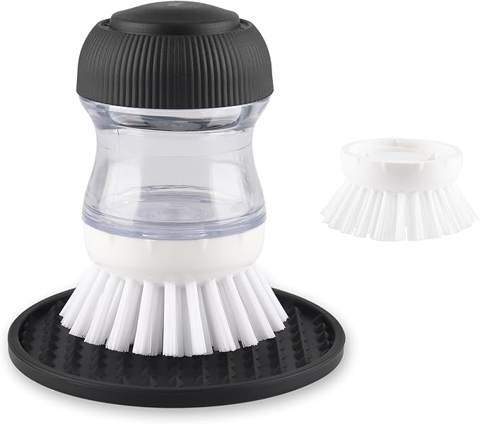 Soap Dispensing Palm Brush, Dish Brush Set with Silicone Drip Tray and One Refill, Kitchen Dish Scrub Brush for Cleaning Pots, Pans, Sinks