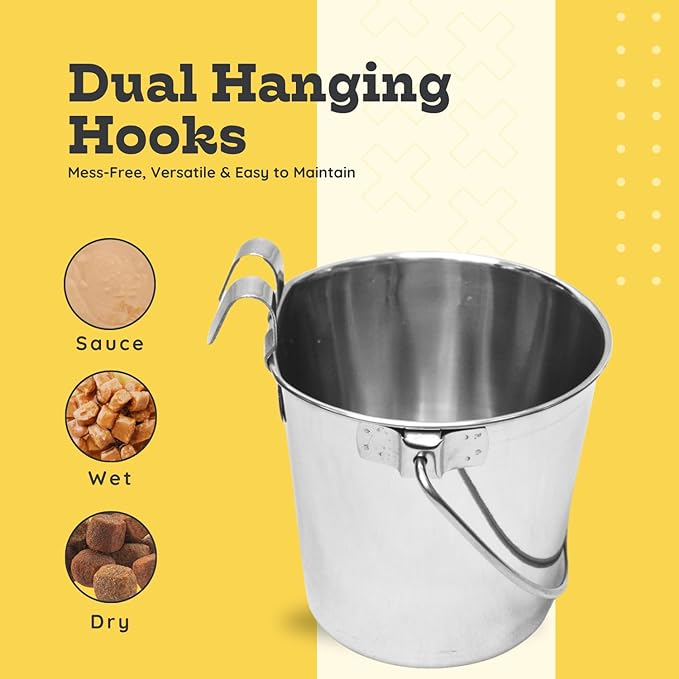 9 Quart Stainless Steel Flat Sided Bucket with Dual Hooks | Food & Water Bowl for XL Dog Goat Sheep Cattle Horse & Livestock | Fits kennel Crate Cages Farm Hanging Pet Pail | Multipurpose