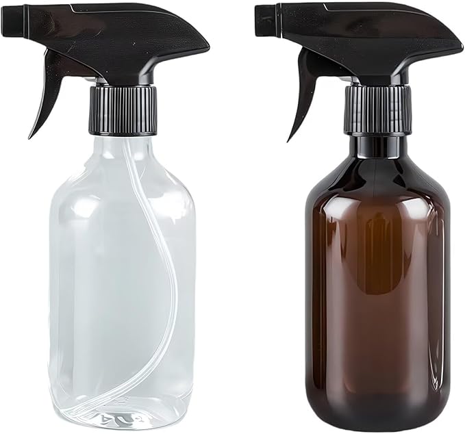 2 PCS Plastic Spray Bottles Set, 10oz/300ml Clear and Brown Refillable Container Empty Spray Bottle with Adjustable Head Sprayer and Stream for Cleaning Hair, Pet, Products, Plants