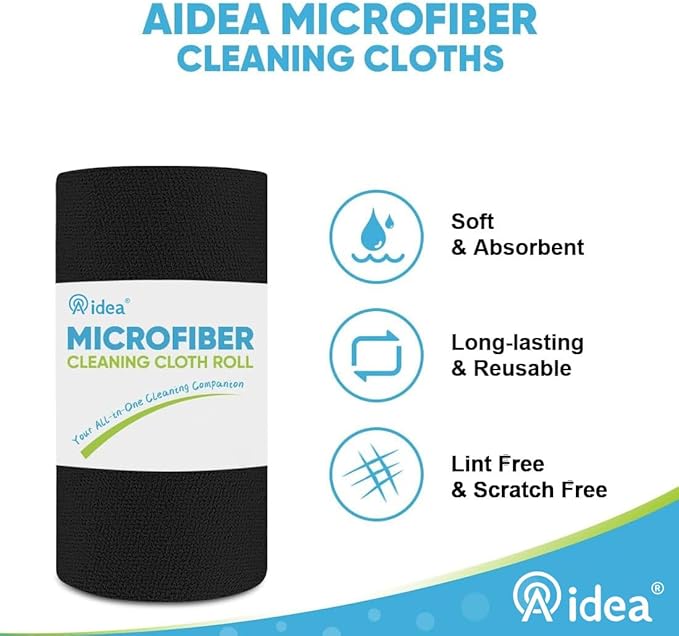 AIDEA Microfiber Cleaning Cloth 330 Sheets 6 Roll, Black Microfiber Towels for Cars, Shop Rags Washable, Cleaning Rags Reusable Paper Towels for Automotive, Mechanic, Workshops, House, 11×9"