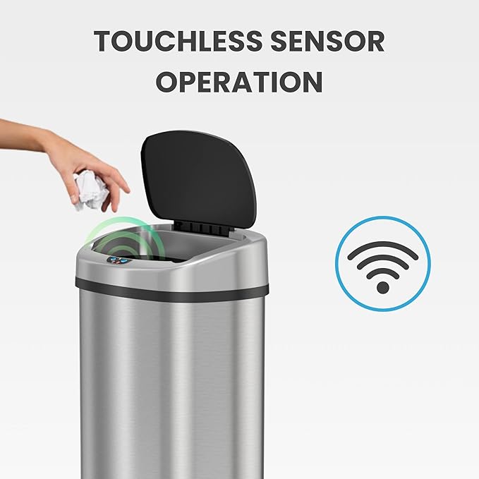 iTouchless SensorCan 50 Liter / 13 Gallon Kitchen Trash Can with Lid & Odor Filter – Motion Sensor Stainless Steel Garbage Bin for Home, Office, or Garage – Slim Oval Shape, Large Capacity Design