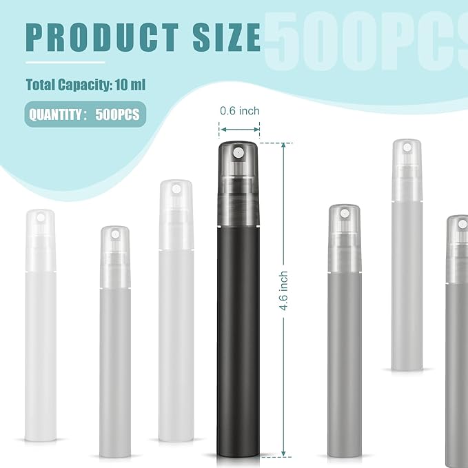 Remerry 500 Pcs 10 ml Perfume Spray Bottles Plastic Travel Refillable Mini Bottles for Women Small Fine Mist Sprayers Portable Frosted Perfume Sprayers Empty Atomizer for Essential Oil