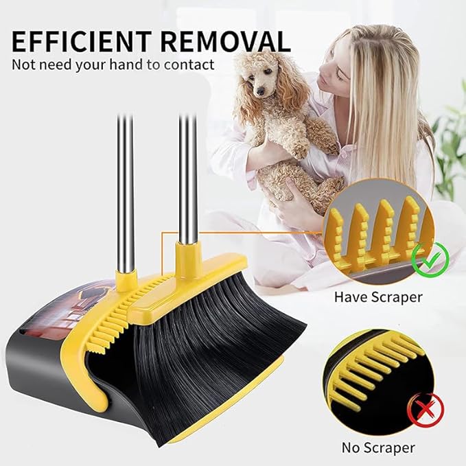 2-Pack is More economical，Upgraded Broom and Dustpan， with 52" Long Handle, Dustpan Teeth with self-Cleaning Function, Indoor and Outdoor Sweeping, Perfect for Home Office