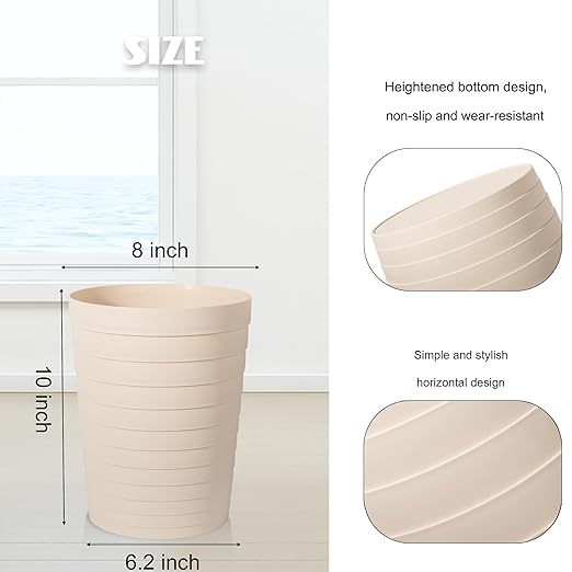 UUJOLY Small Bathroom Trash Can Wastebasket, Plastic Garbage Bin Container Basket for Bathrooms, Laundry Room, Kitchens, Offices, Kids Rooms, Dorms, Beige, 1.8 Gallon