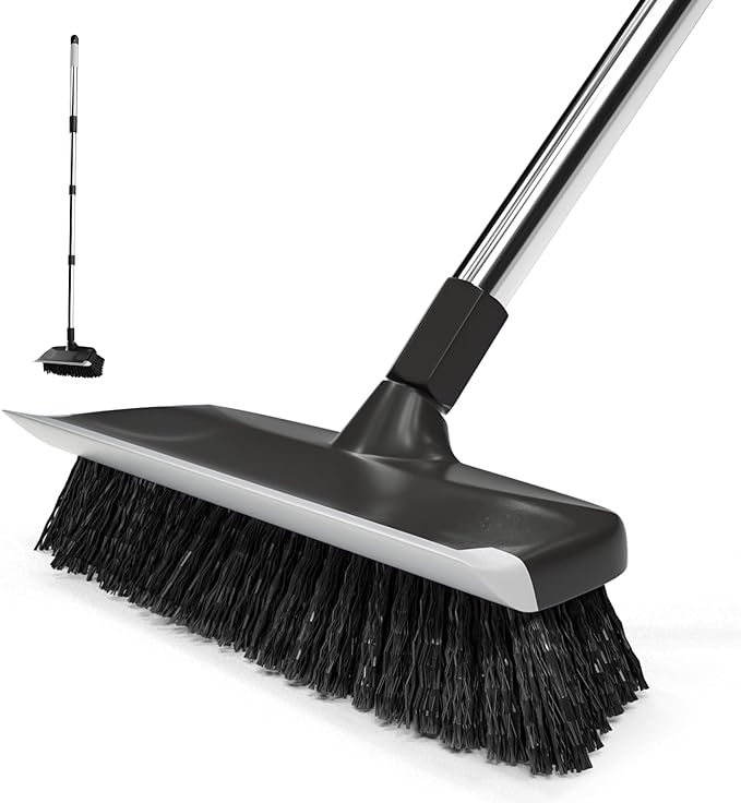 ITTAR Scrub Brush with Long Handle, 10" Wide Stiff Bristles Deck Brush, Heavy-Duty Floor Cleaning Brush, 2-in-1 Scrubber Squeegee Broom for Cleaning Patio, Pool, Kitchen, Garage, Bathroom Floor-Black
