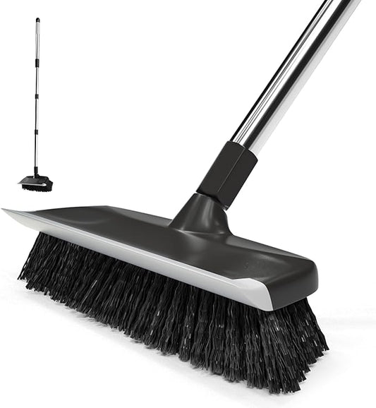 ITTAR Scrub Brush with Long Handle, 10" Wide Stiff Bristles Deck Brush, Heavy-Duty Floor Cleaning Brush, 2-in-1 Scrubber Squeegee Broom for Cleaning Patio, Pool, Kitchen, Garage, Bathroom Floor-Black