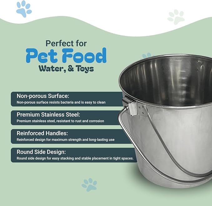 Advance Pet Products 1 Quart Heavy Duty Stainless Steel Round Bucket | Durable Food & Water Pail for Dogs, Cats, Kennels, Cages and Critter Crates | Multi-Purpose Bucket