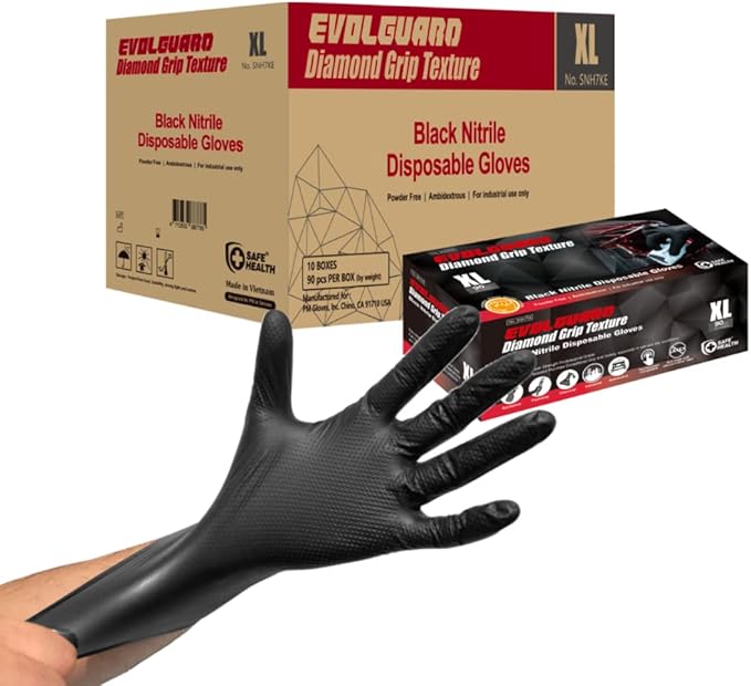 Safe Health Nitrile Industrial Disposable Gloves, Black 6 Mil, Orange 8 Mil, Diamond Textured