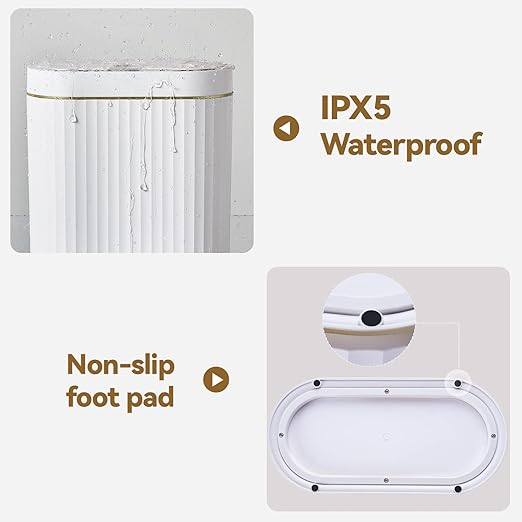 ELPHECO Bathroom Trash Can with lid 2.5 Gallon Waterproof Motion Sensor Wastebasket, Automatic Trash Bin Bathroom Decor for Bedroom and Office White with Golden Trim