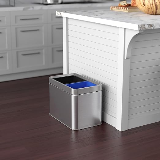iTouchless 20 Liter / 5.3 Gallon Open Top Waste Trash Can & Recycle Bin with 2 Recycle Stickers, Dual Compartment Slim Stainless Steel Container