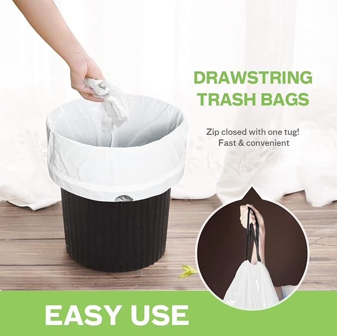 6 Gallon 120pcs Strong Drawstring Trash Bags Garbage Bags by Teivio, Bathroom Trash Can Bin Liners, Plastic Bags for home office kitchen, White