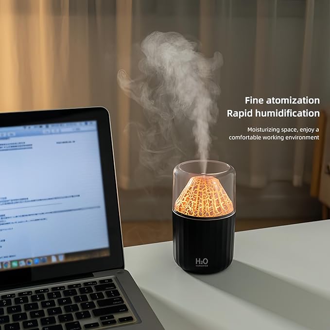 Colorful Volcano Humidifier, Ultrasonic Cool Mist Auto Shut-Off Car Diffuser, 2 Fog Mode Ultra Quiet Humidifier for Car Bedroom Office USB-300ml (White)