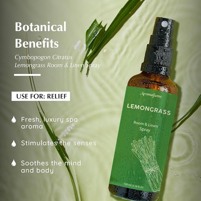 Lemongrass Room Linen & Pillow Spray by Aromafume | 100ml/3.38 fl oz | with Pure Lemongrass Essential Oil | Aromatherapy Spray for Relaxation, Sleep & Stress Relief | Mist for Bedding, Fabrics