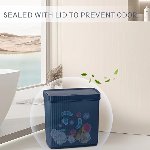 UUJOLY Small Bathroom Trash Can with Lid Slim Wastebasket Garbage Can Plastic Container Basket Trash Bin for Kitchen, Laundry Room, Office, Kids Room, Dorm, Navy Blue, 2.4 Gallon, 2 Pack