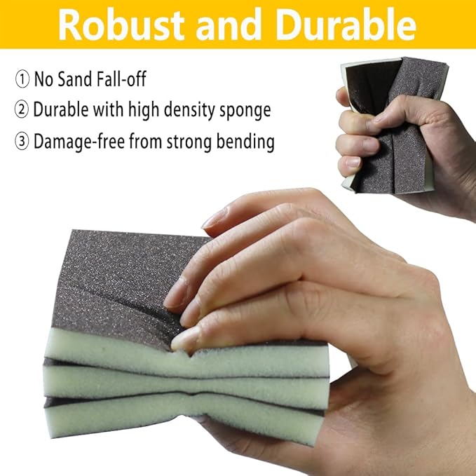 16PCS 180 Grits Sanding Sponge Fine Coarse Sanding Block, Washable and Reusable Wet Dry Sandpaper Sponge， Sander Sponges for Wood Drywall Metal Wood