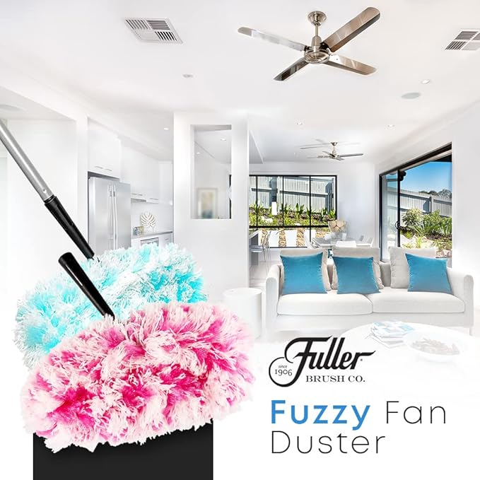 Fuller Brush Fuzzy Fan Duster – Dust & Clean Ceiling Fans, Walls, Woodwork – Polystatic & Microfiber Grabs & Holds Dust, Lint, Cobwebs & Dirt - Fan Duster with Handle (Pink)