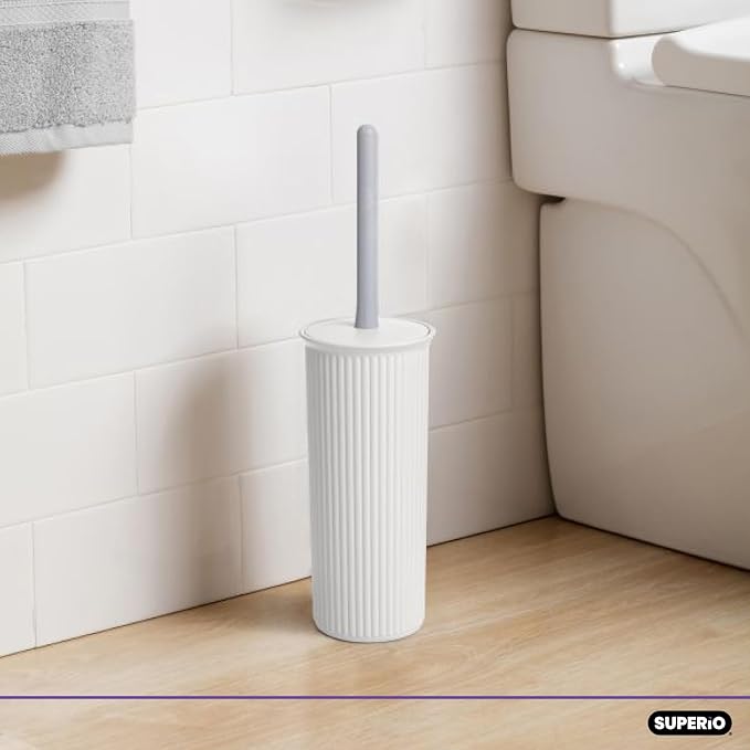 Decorative Plastic Toilet Bowl Brush and Holder Set, White (1 Pack) Cleaner Scrubber for Bathroom - Ribbed Design