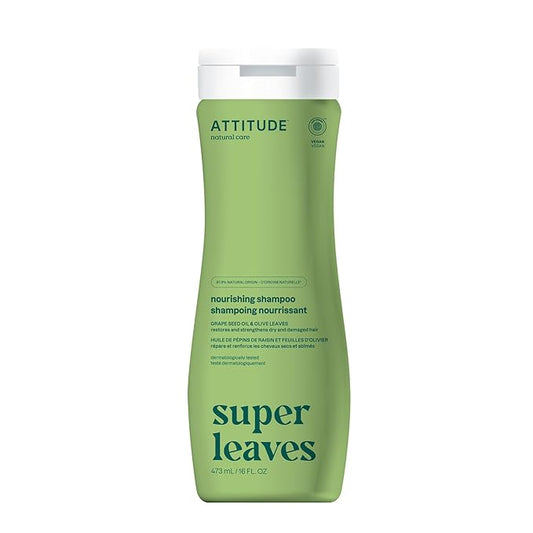 ATTITUDE Nourishing Hair Shampoo, EWG Verified, For Dry and Damaged Hair, Naturally Derived Ingredients, Vegan and Plant Based, Grapeseed Oil and Olive Leaves, 16 Fl Oz
