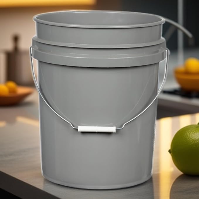 House Naturals 5 Gallon Food Grade BPA Free Made in USA Pails Gray Bucket with Screw On Air Tight Lid (1, Gray with White lids)