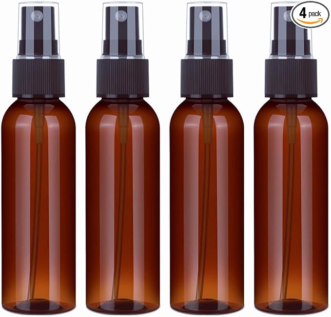 SINIDE Plastic Spray Bottles 100 ml/3.4 oz, Amber Fine Mist Mini Travel Bottle Set, Portable Refillable Makeup Sprayer Containers for Perfume, Liquids, Aromatherapy, Cleaning Solution (4 Pack)