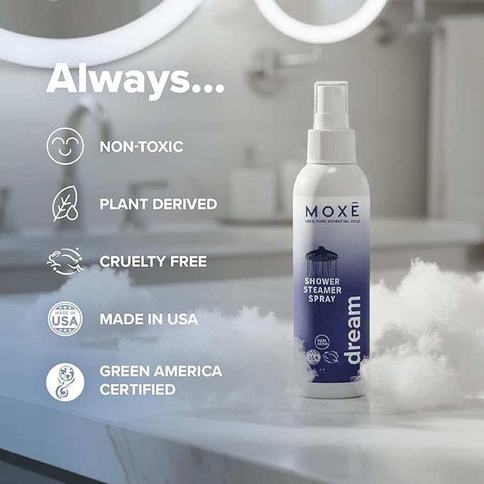 MOXĒ Dream Lavender & Chamomile Shower Mist, Spa Steam Spray, Certified Natural Essential Oils, Aromatherapy, Tension Relief, USA Made, 4 Ounces