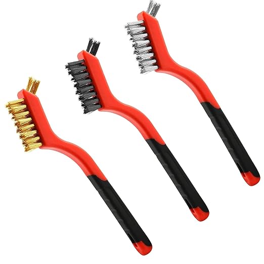 Wire Brush 3Pcs Metal Scrubber - Nylon/Brass/Stainless Steel Bristles with Curved Handle Grip for Cleaning Rust Removal, Dirt, Paint Scrubbing with Deep Cleaning – 7 Inches