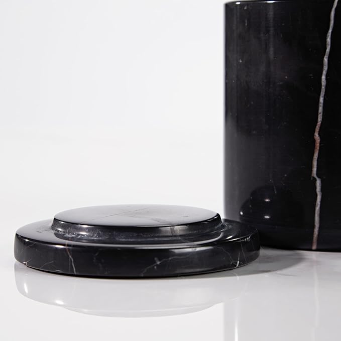 Black Marble Canister with Lid, Natural Marble Bathroom Qtip Holder Storage, 3.75 Inch Dia x 4.5 Inch Ht High Capacity Damp Proof Container for Cotton Swabs, Jewery, Bathroom Bath Salt