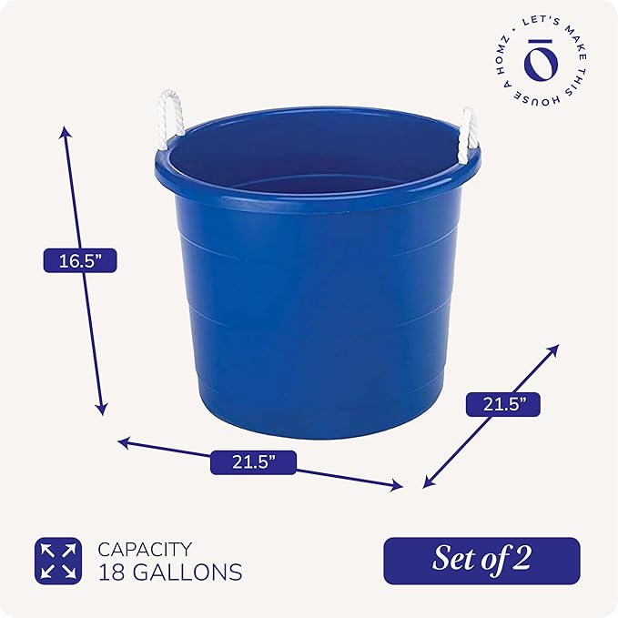 HOMZ 2-Pack Utility Tub, Large Plastic Storage Bucket with Rope Handles, 18 Gallon, Blue - Portable Indoor and Outdoor Buckets for Kitchen, Laundry, Garden, Bathroom, and Garage Organization