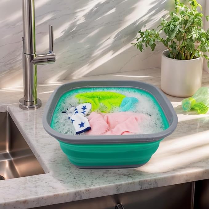 SAMMART 5.5L (1.4 Gallons) Collapsible Tub - Foldable Dish Tub - Portable Washing Basin - Space Saving Plastic Washtub (Dark Grey/Bluish-Green, 1)