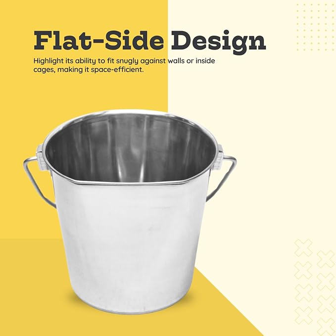 2 Quart Stainless Steel Flat Side Bucket | Durable Heavy Duty Food & Water Feeding Pails for Small Pet Birds Dog Cat | Fits kennels Cages Critter Crates Hanging Pail | Multipurpose Bucket