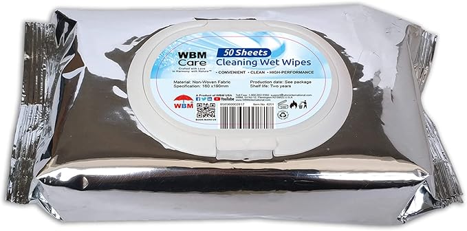 WBM Care Cleaning Wipes, Thick & Strong for Easy Cleaning, Flip Top Dispenser, Unscented and Convenient, For all Types of Surfaces, Wet Wipes, 50 Sheets (Pack of 3) (8251A-3PCS)