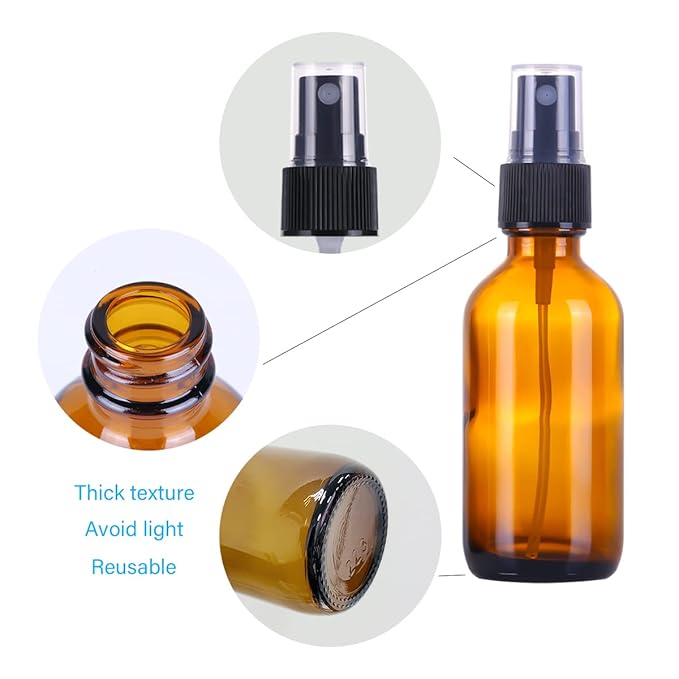 2oz Glass Spray Bottles,Empty Small Perfume Travel Refillable Reusable Fine Mister Spray Bottle for Hair,Cleaning Solutions,Aromatherapy and Essential Oil with Extra Nozzle (3 pack, Amber)