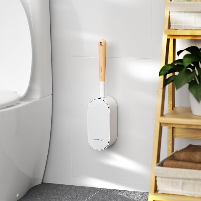 Wooden Toilet Brush, OSCIOSS Toilet Brush and Holder Set with Ergonomic Design, Compact Size, Durable Bristles, Bamboo RV Toilet Cleaner & Holder for Bathroom