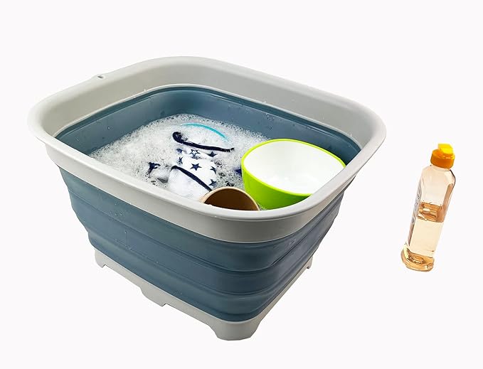 SAMMART 15L (3.9 Gallon) Collapsible Dishpan with Draining Plug - Foldable Washing Basin - Portable Dish Washing Tub - Camping & Space Saving Kitchen Storage Tray (Grey/Steel Blue)